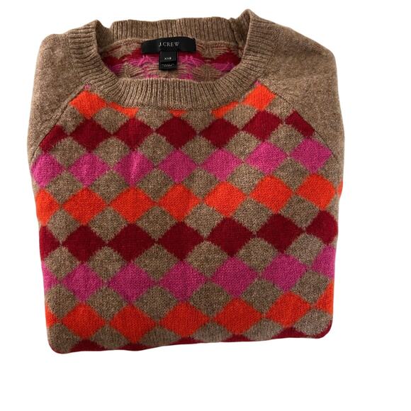 J Crew Sweater Pullover 100% Lambs Wool Brown Multi Diamond Pattern SZXXS - Picture 6 of 12